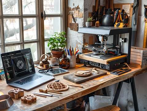 Traditional woodworking tools and a 3D printer on a bench