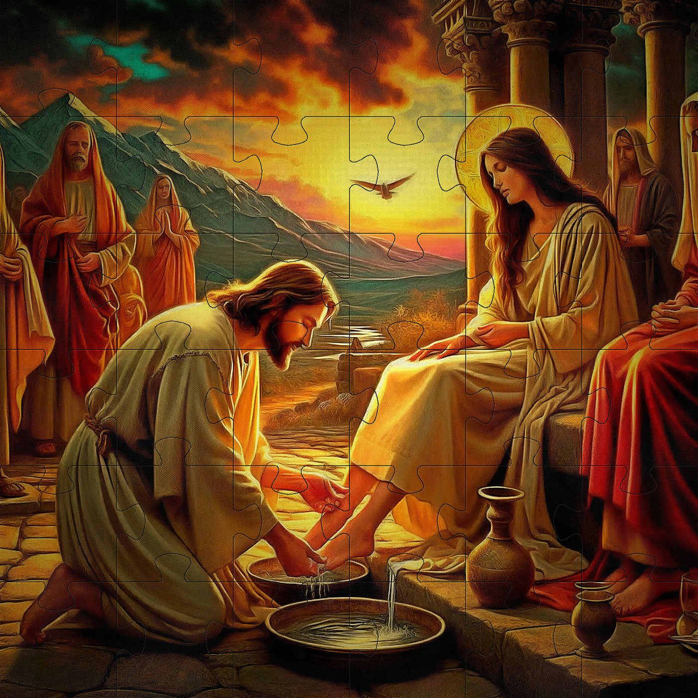 Jigsaw Version of Imaginary Bible Scene with Jesus washing Mary Magdalene's feet
