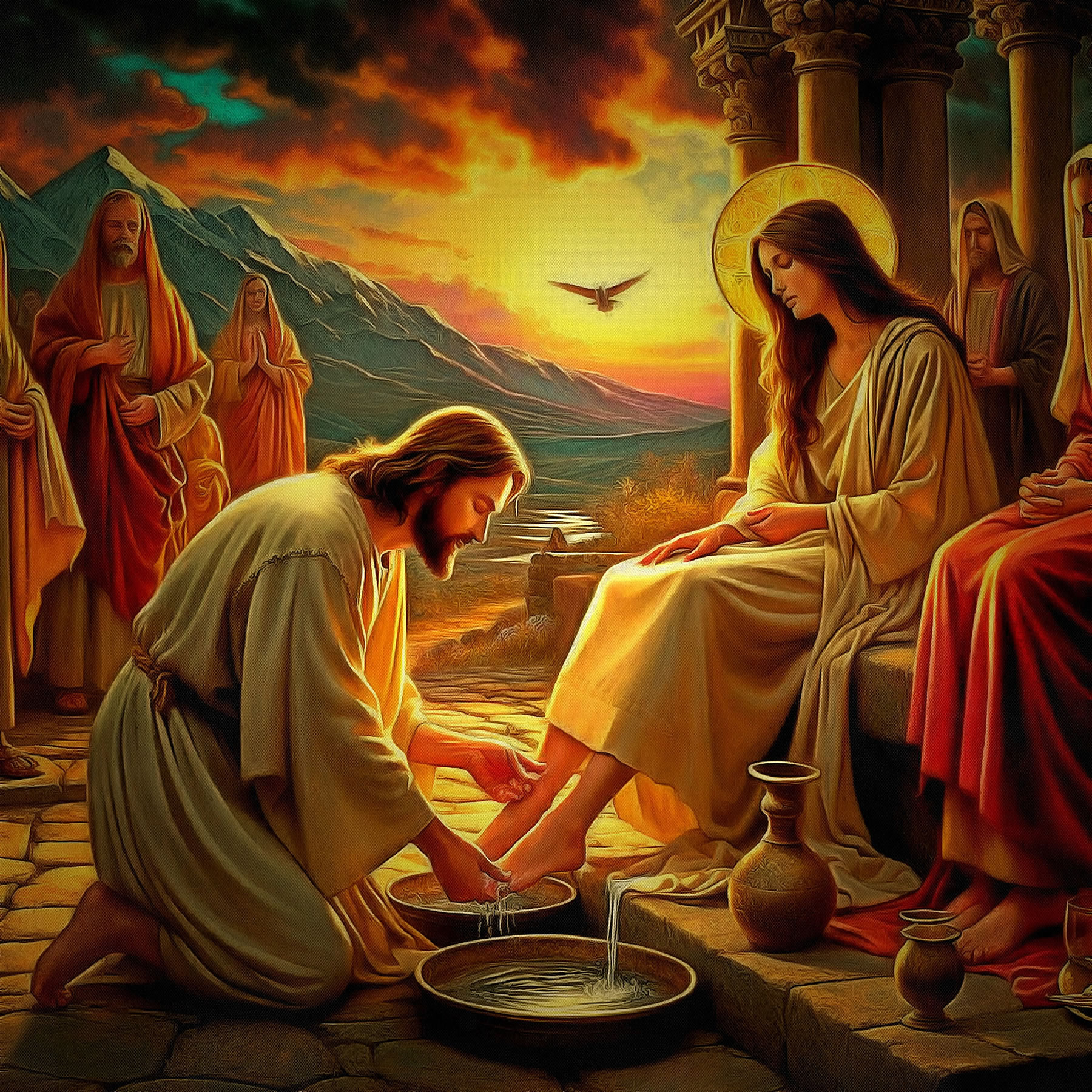 Imaginary Bible Scene with Jesus washing Mary Magdalene's feet