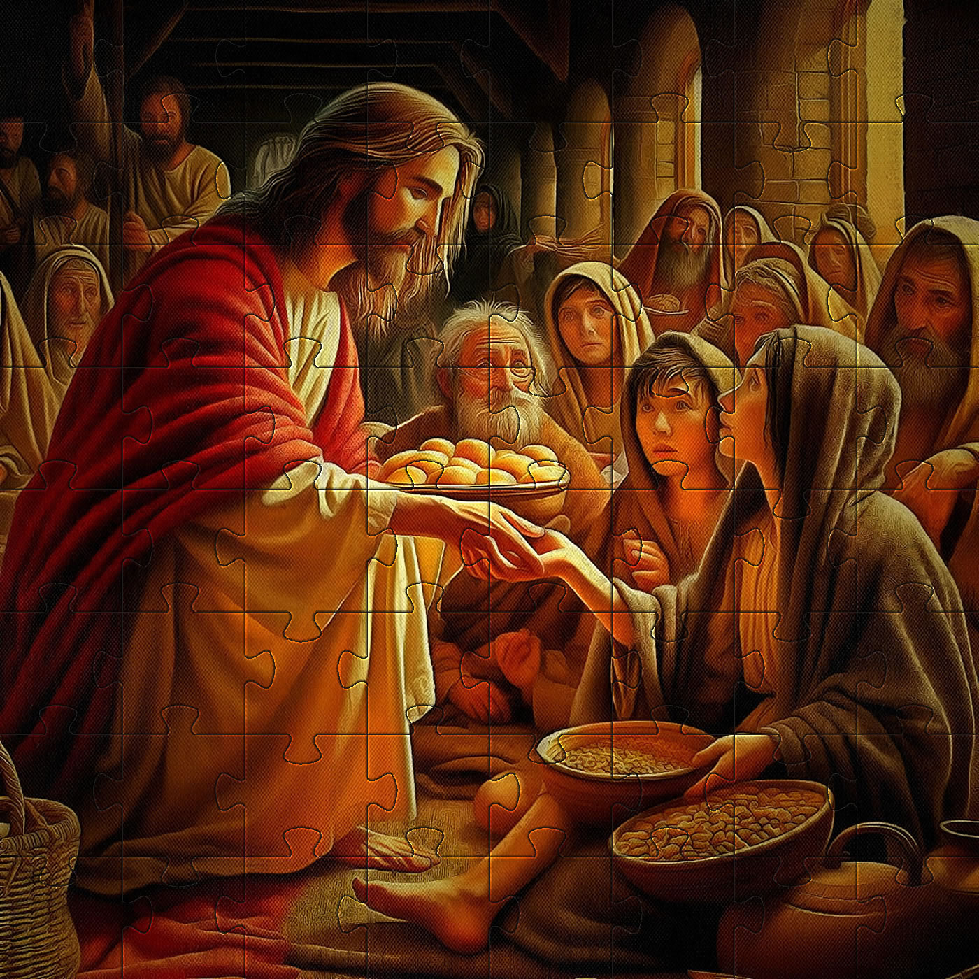 Jigsaw Version of Imaginary Bible Story Scene of Jesus Feeding the Poor