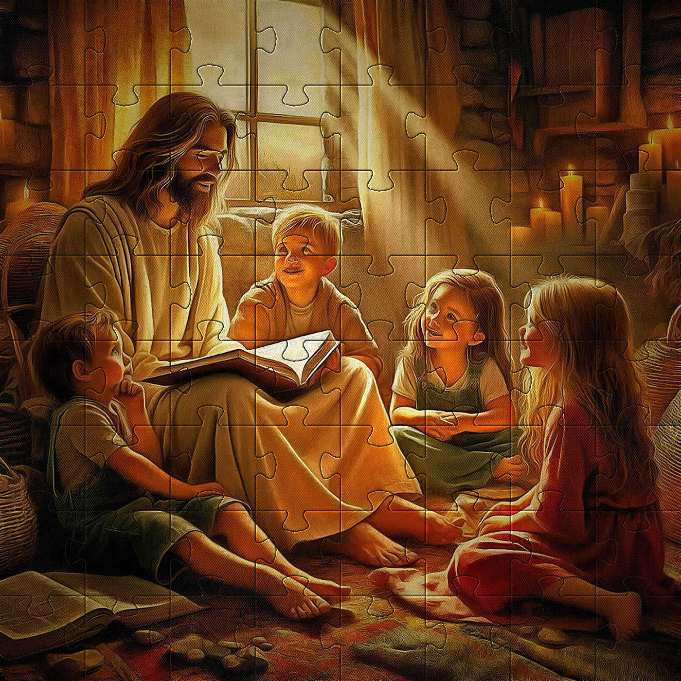 Jigsaw Version of Imaginary Bible Story Scene of Jesus showing his love for children by reading to them