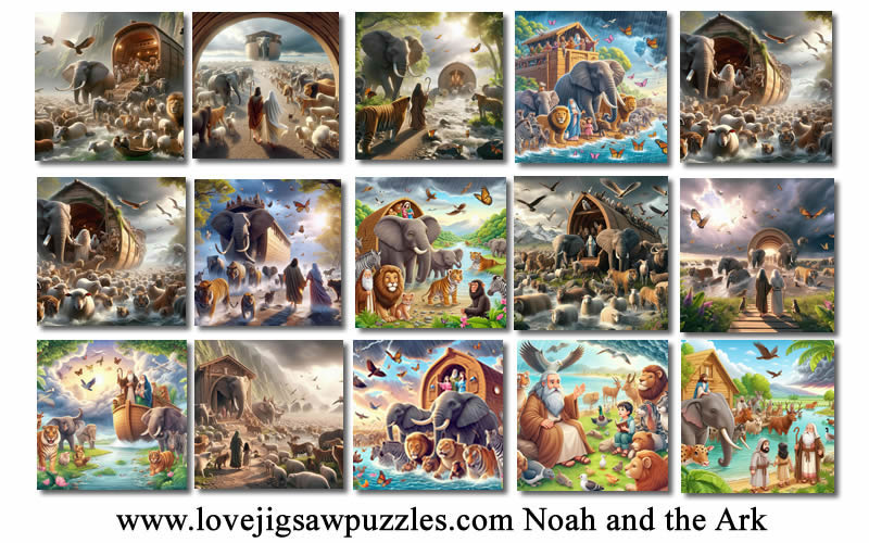 Jigsaw puzzle game with 15 pictures of Noah and the Ark, the Bible Flood Story.