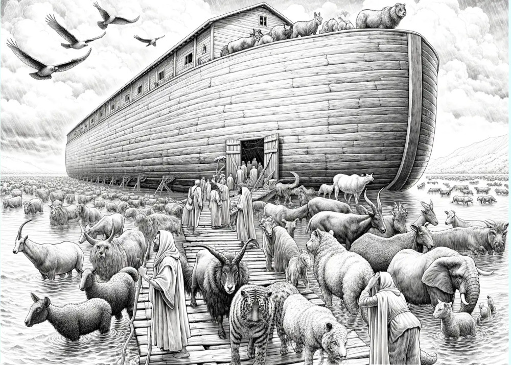 Free Colouring in Pictures of Noah and the Ark, with Animals