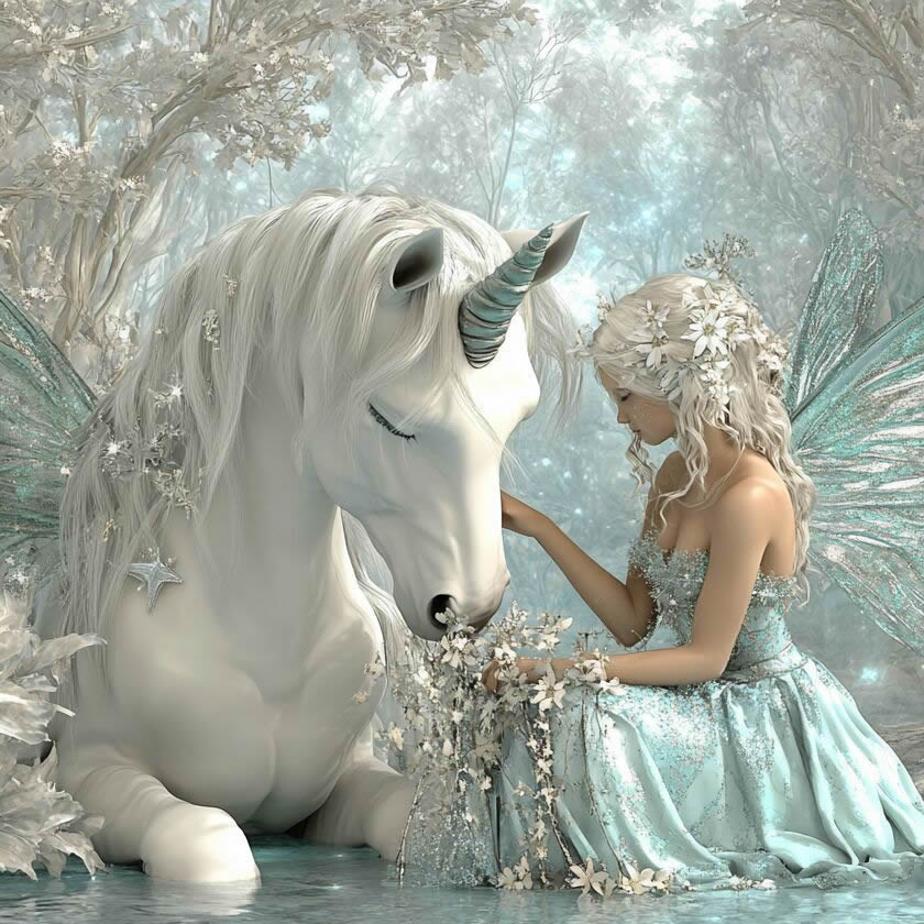 Picture of a beautiful fairy with a white unicorn