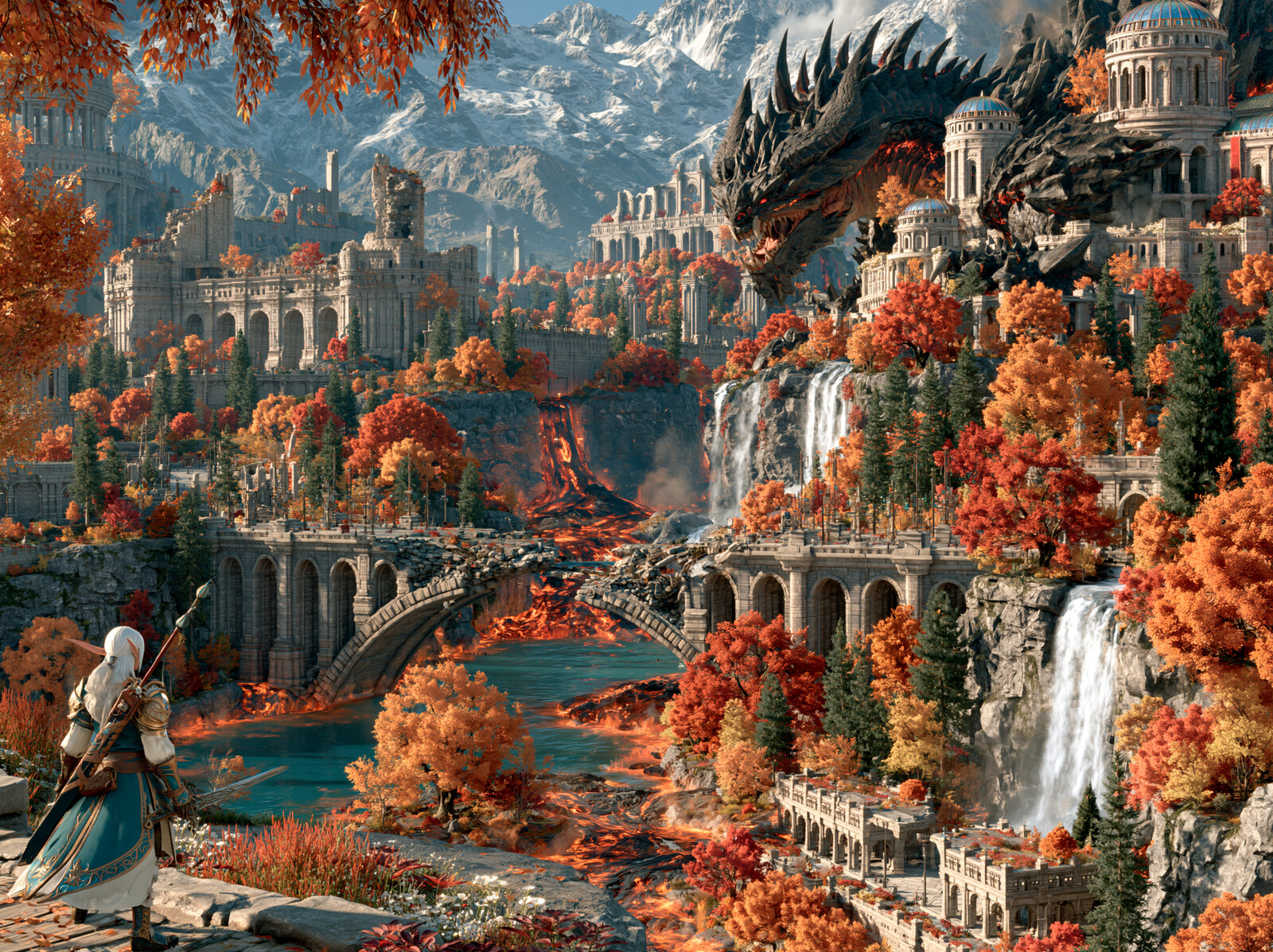 A dark dragon over an autumn city of stone bridges and waterfalls, with Elyndra watching from the riverbank