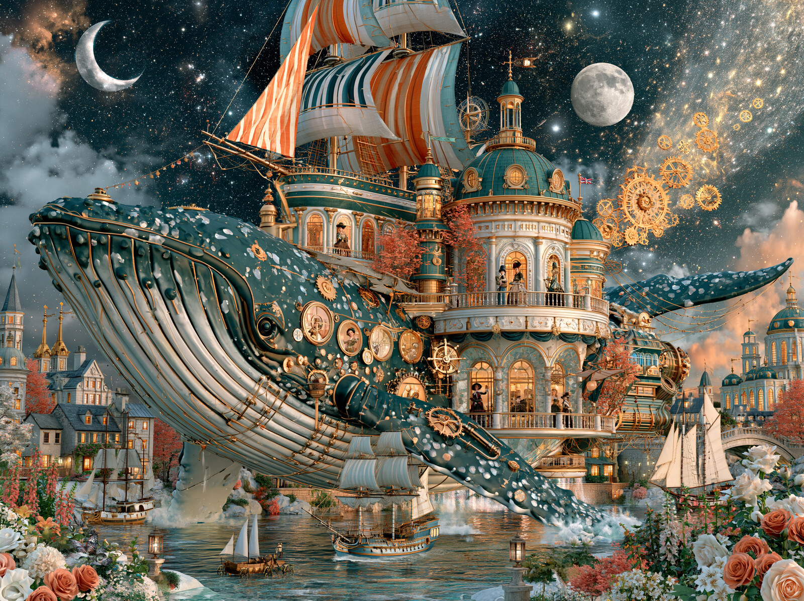 A giant brass and crystal clockwork whale carrying a domed palace city and a sailing ship through a starry sky