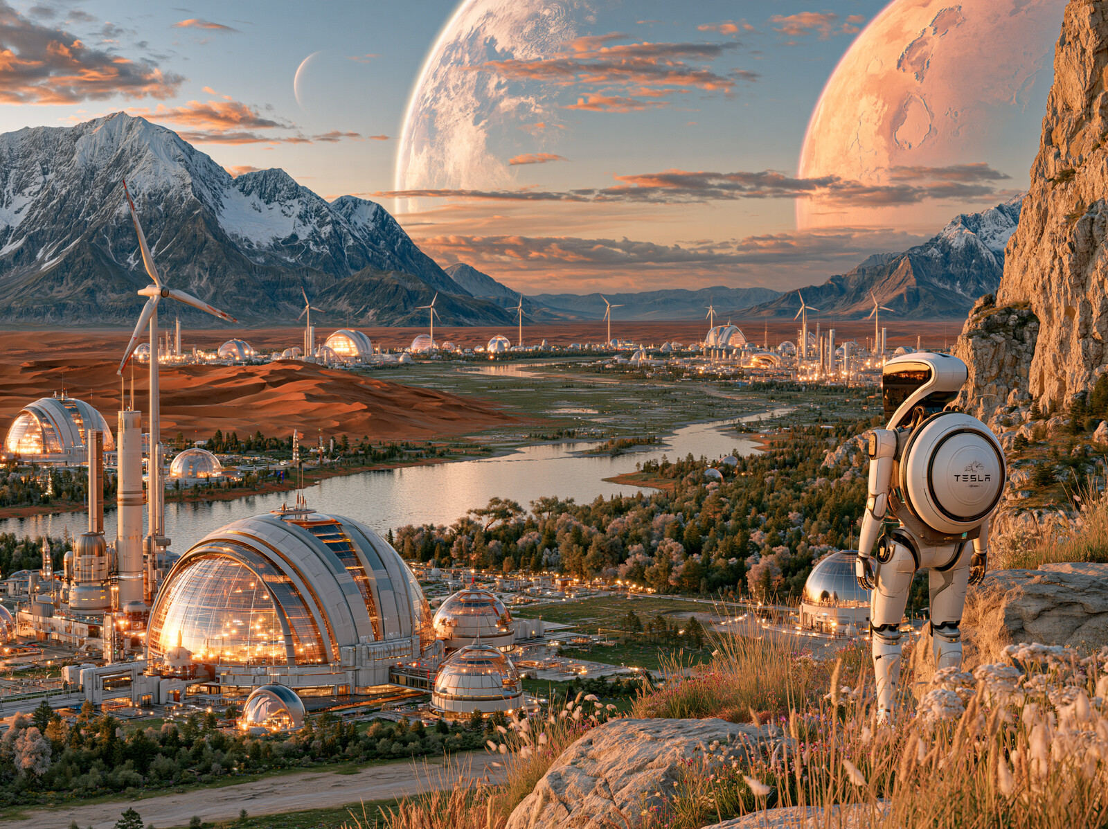 A white robot on a hillside watching over a colony of glass domes by a river, with snowy mountains and two large planets in the sky