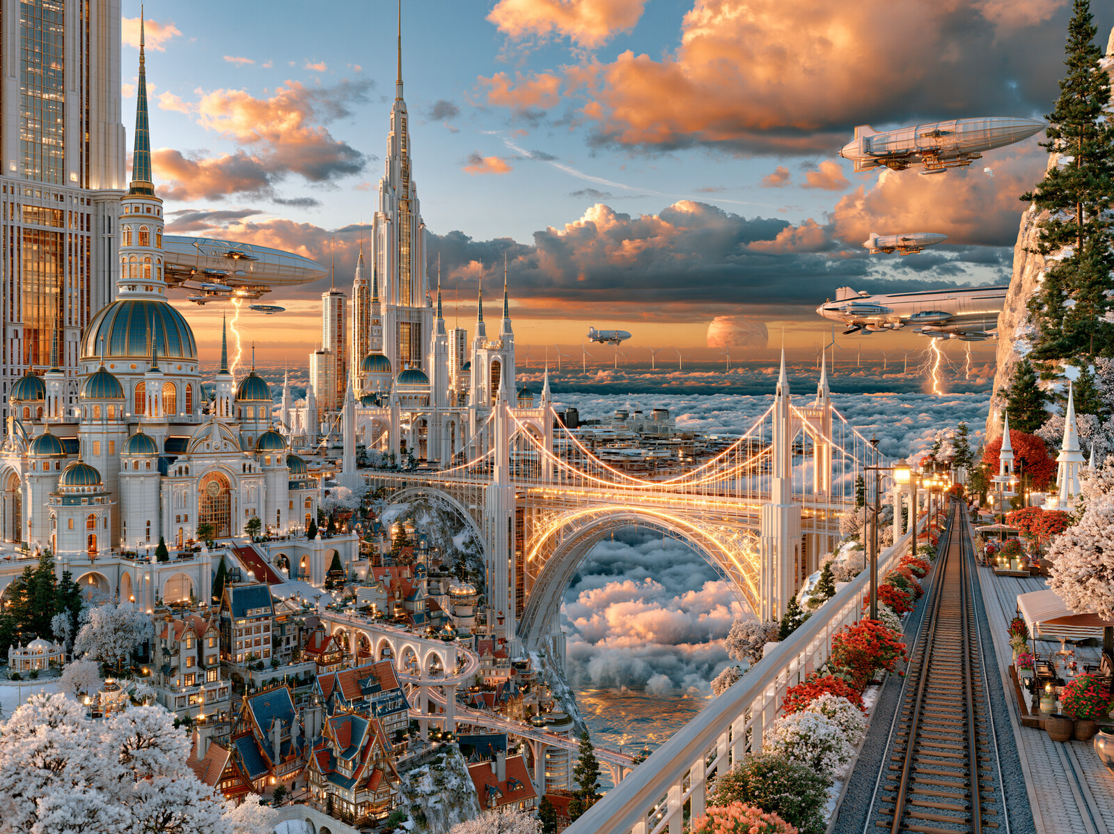 Airships flying over a white city of spires and bridges floating above the clouds at sunset