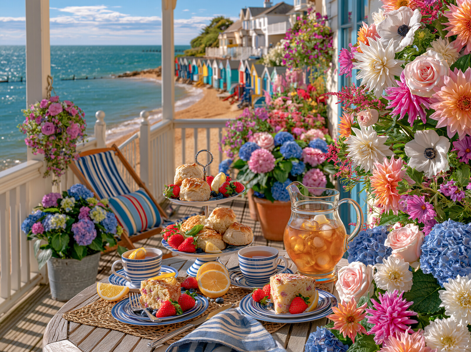 Afternoon tea laid on a seaside veranda with striped deckchairs and beach huts