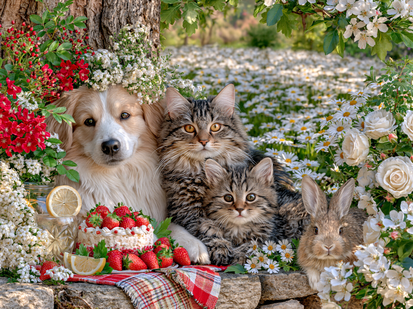 A dog, two kittens and a bunny sharing a strawberry cake under an oak tree