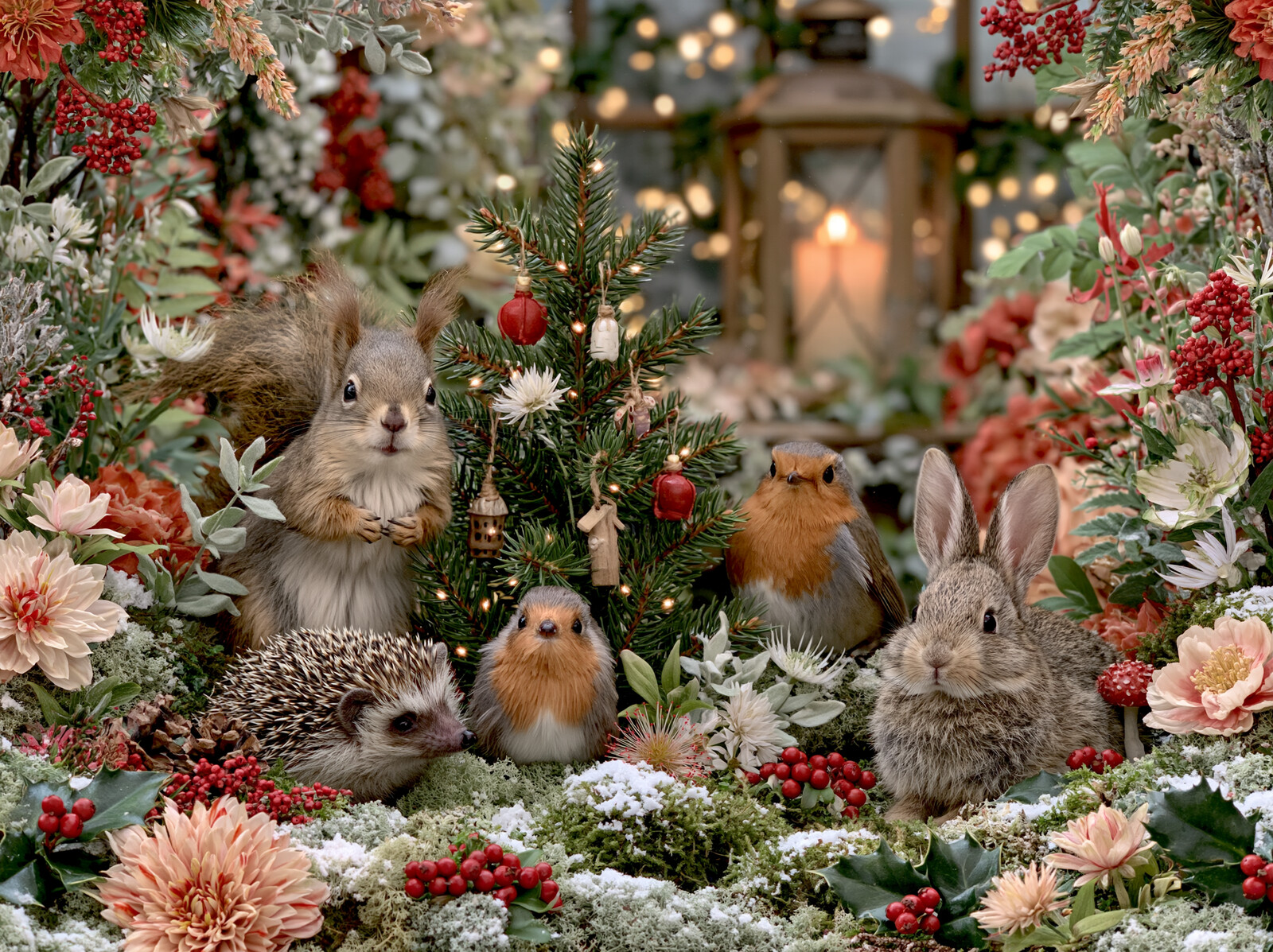 A robin, squirrel, hedgehog and rabbits gathered round a small decorated Christmas tree