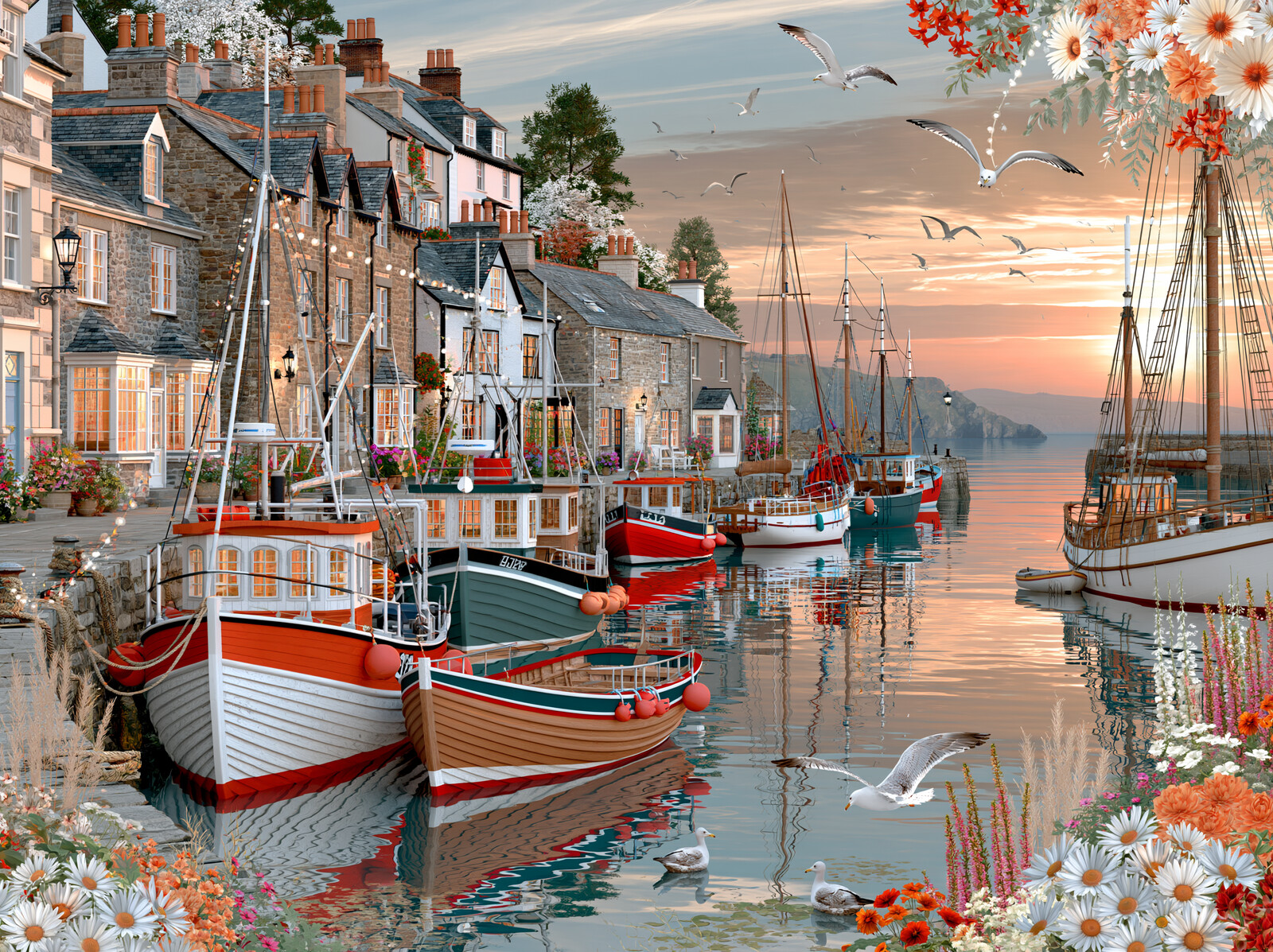 Red and white fishing boats moored beside a row of seafront terraced houses at sunset