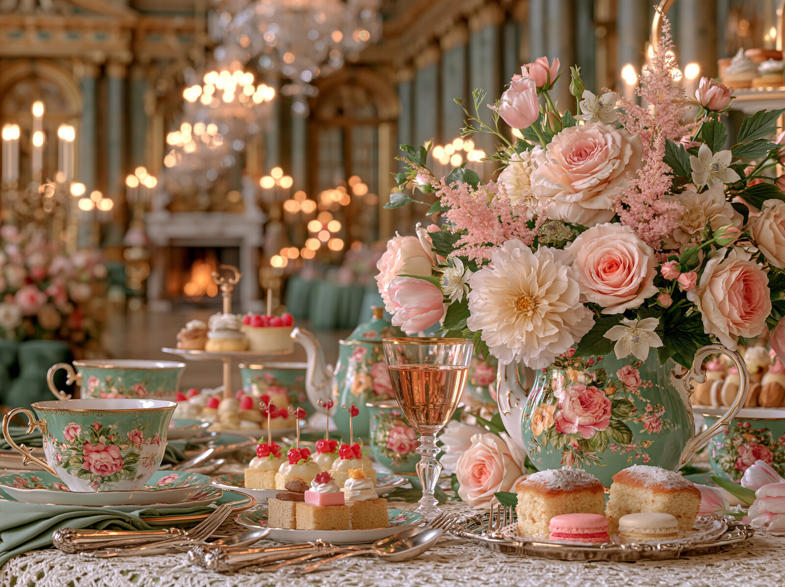 An afternoon tea table with rose china, macarons and little cakes beneath crystal chandeliers in a grand salon