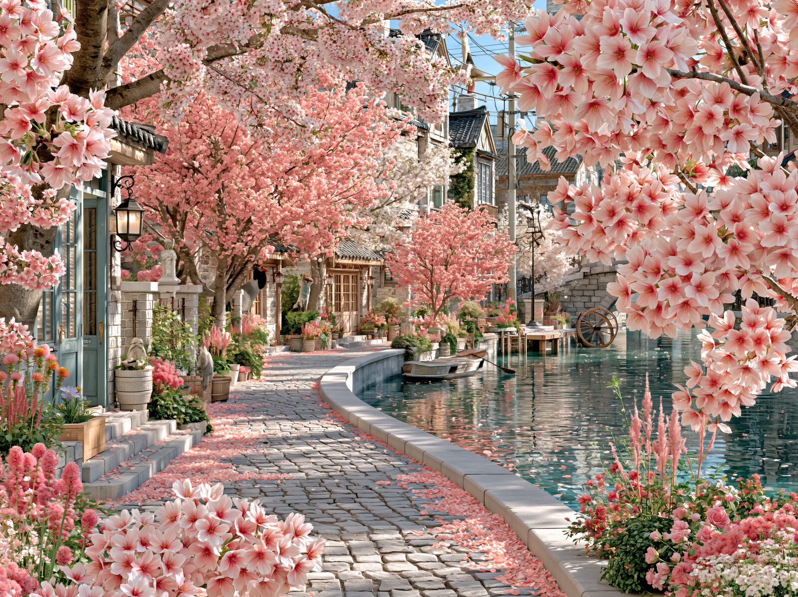 A cobbled lane strewn with pink petals beside a canal, under cherry trees in full bloom