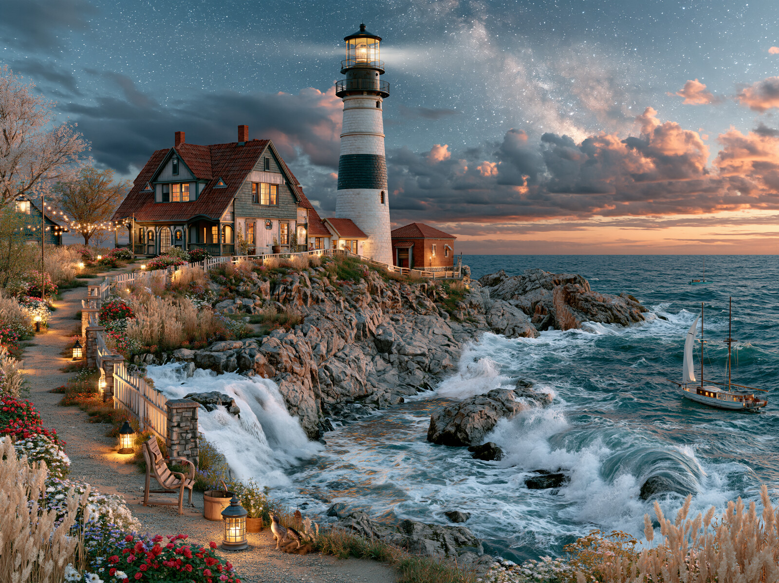 A lighthouse and keeper's house on a rocky cliff with waves breaking below and the Milky Way overhead at dusk