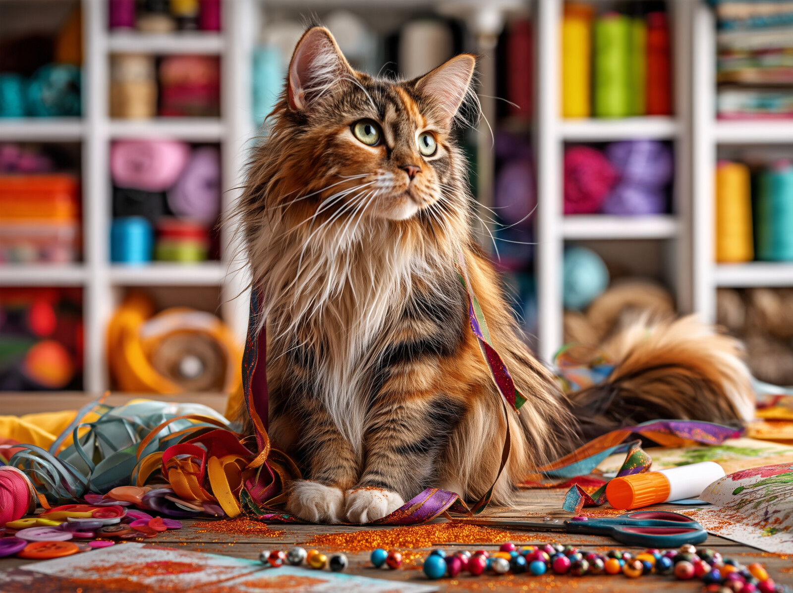 A long-haired tabby cat sitting among ribbons, beads and buttons on a craft table in front of shelves of coloured thread