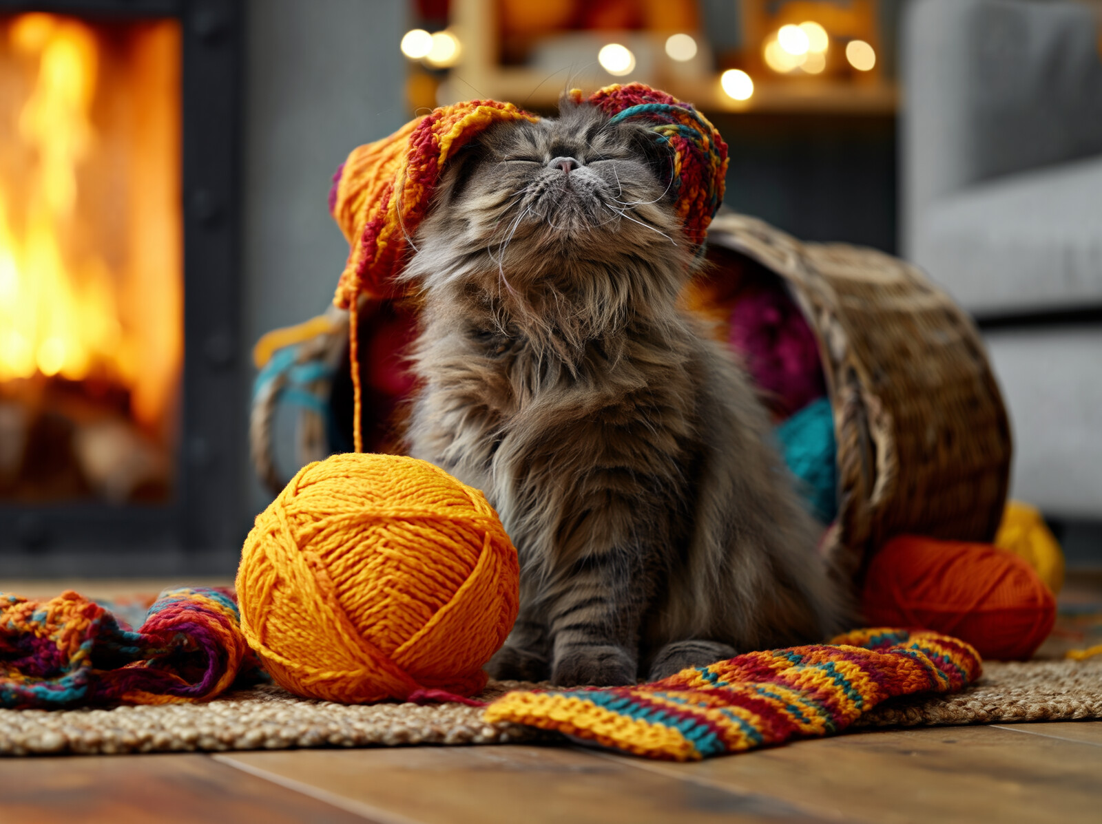 A fluffy grey Persian cat dozing in a knitted hat among balls of wool in front of a glowing wood-burning stove