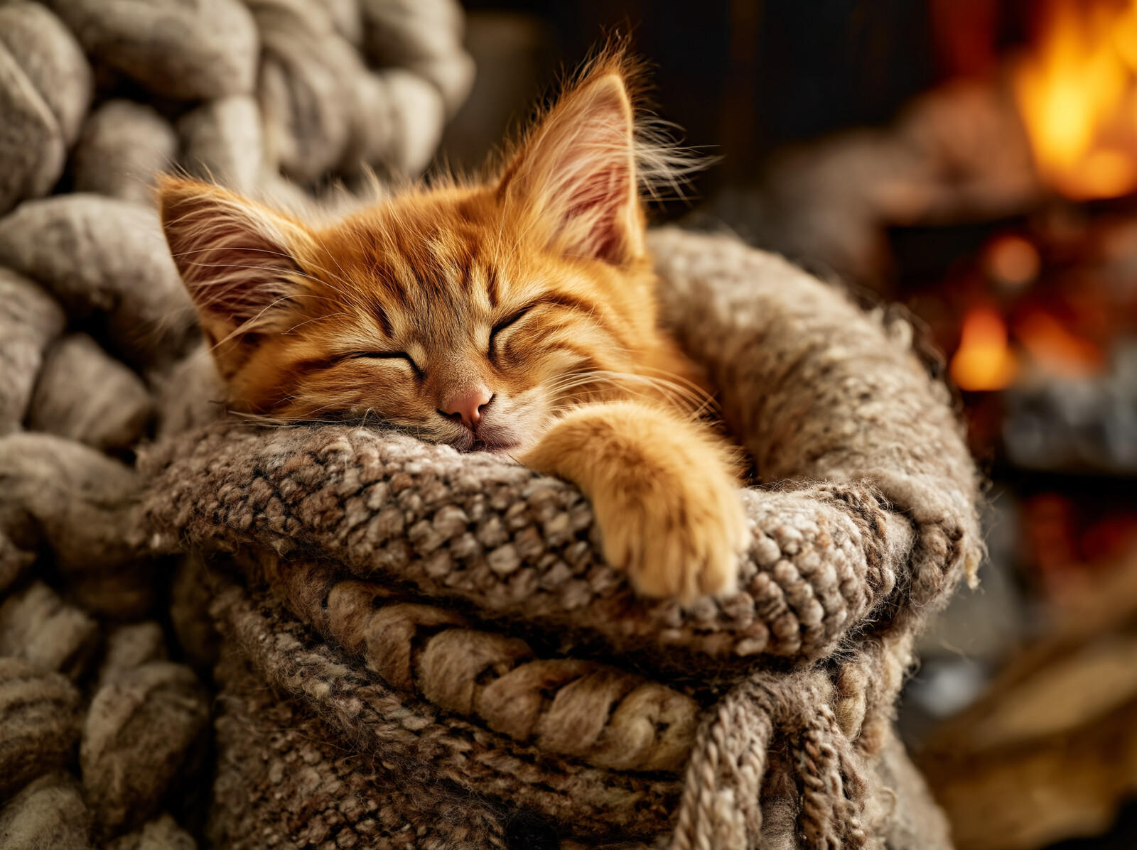 A marmalade kitten asleep in a basket of chunky knitted wool, one paw over the edge, beside a glowing fire