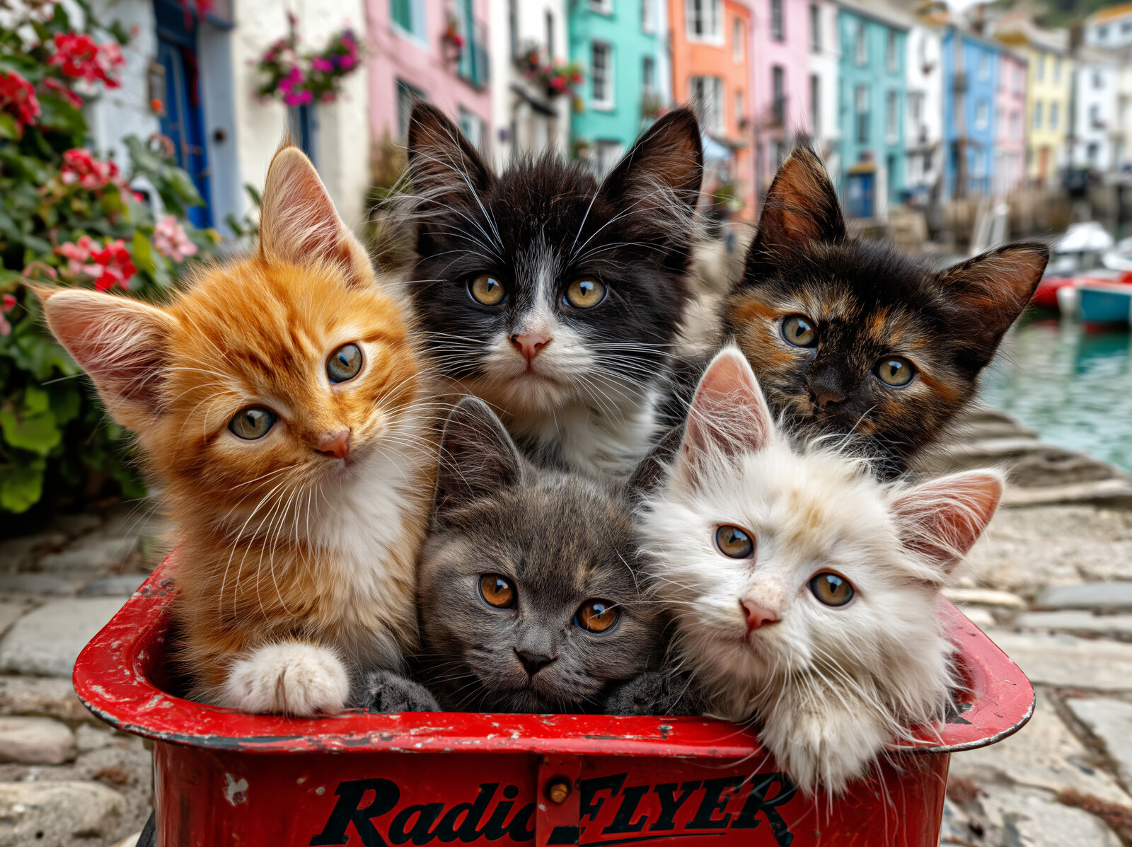Five kittens, ginger, tuxedo, tortoiseshell, grey and white, squeezed into a red wagon on a harbour street of painted houses