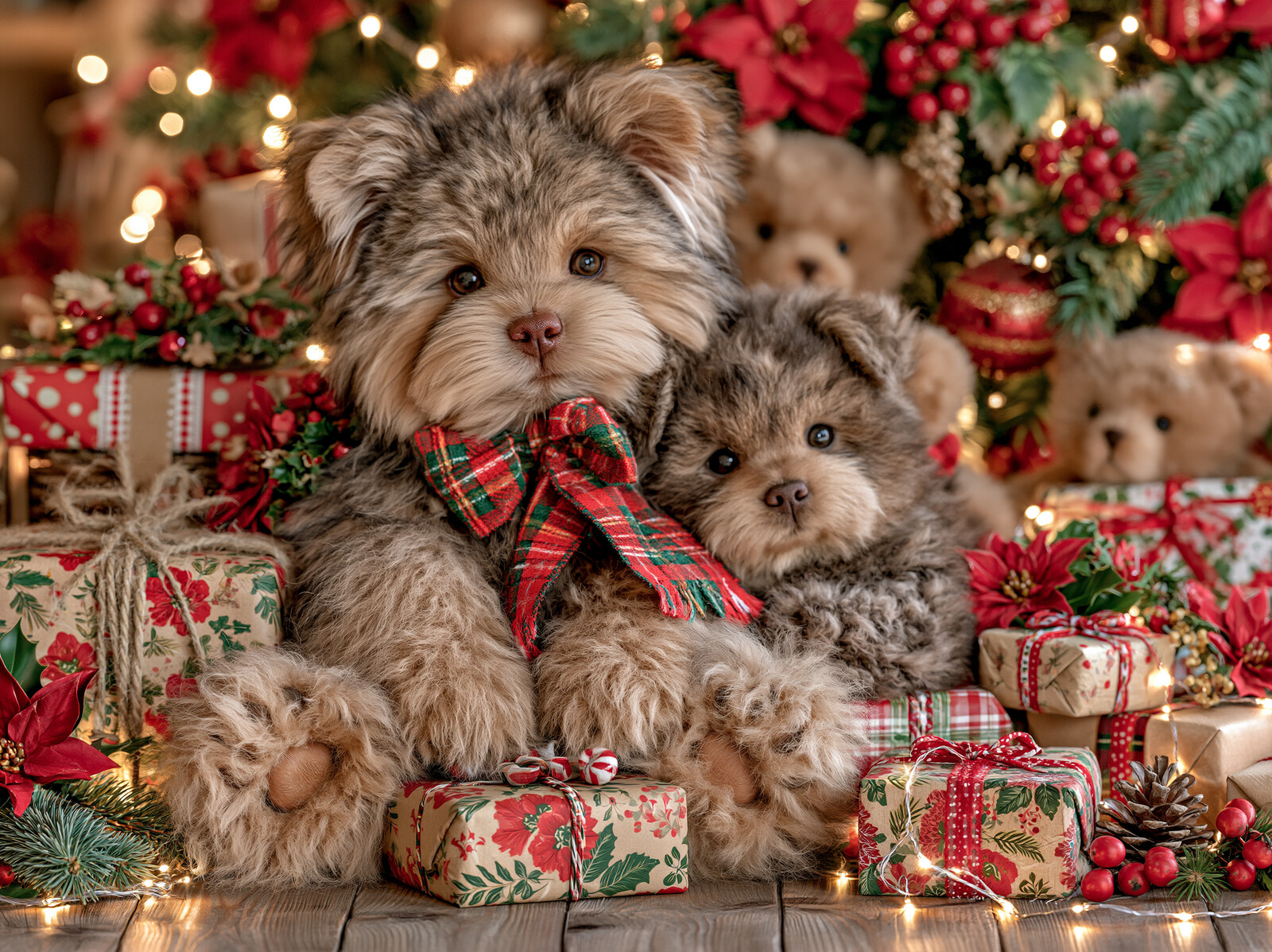 Two teddy bears in tartan bows sitting among wrapped presents beneath a lit Christmas tree