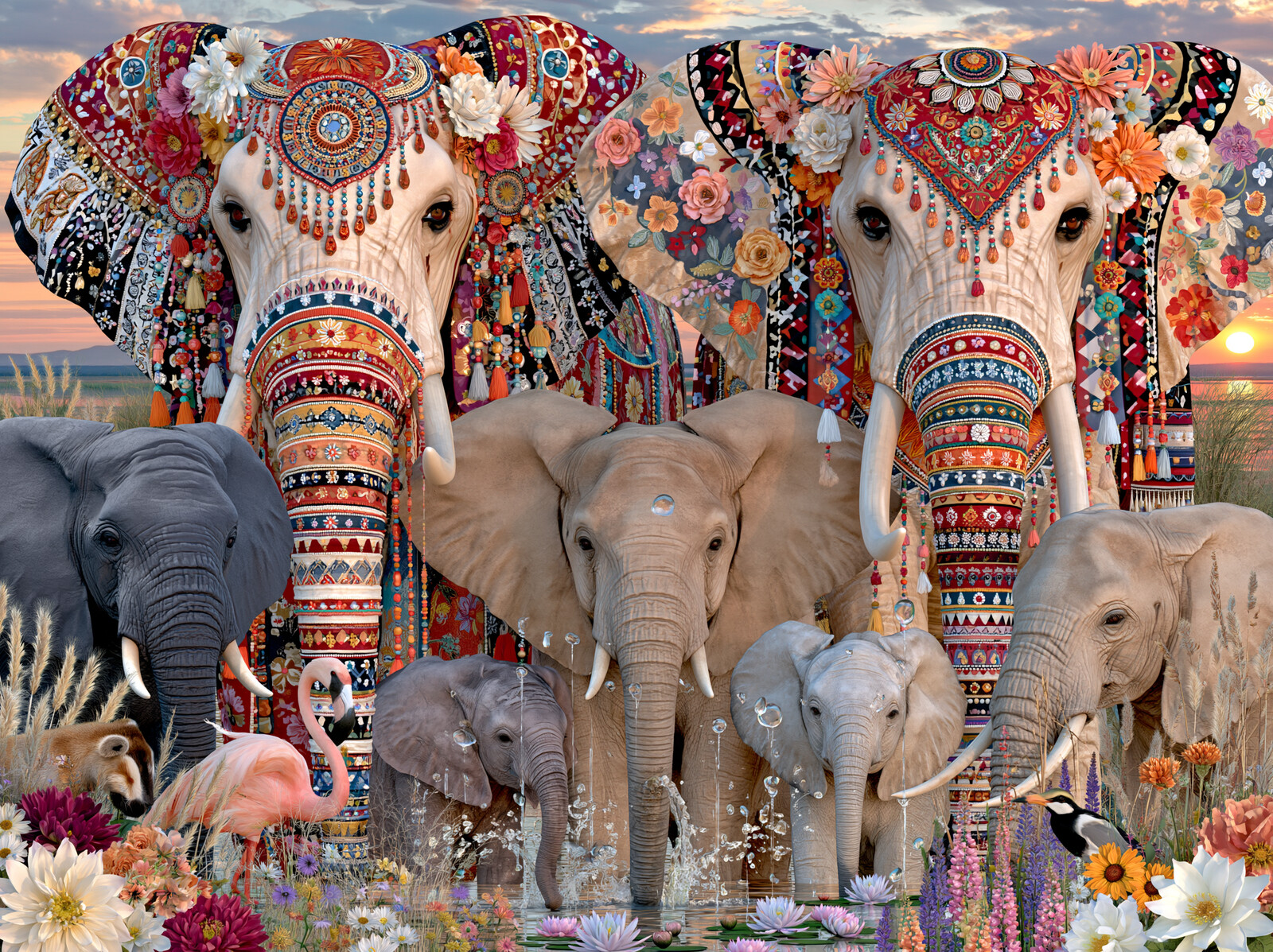 A folk-art elephant family, the adults decorated in bright patchwork patterns, with calves and wildflowers at their feet
