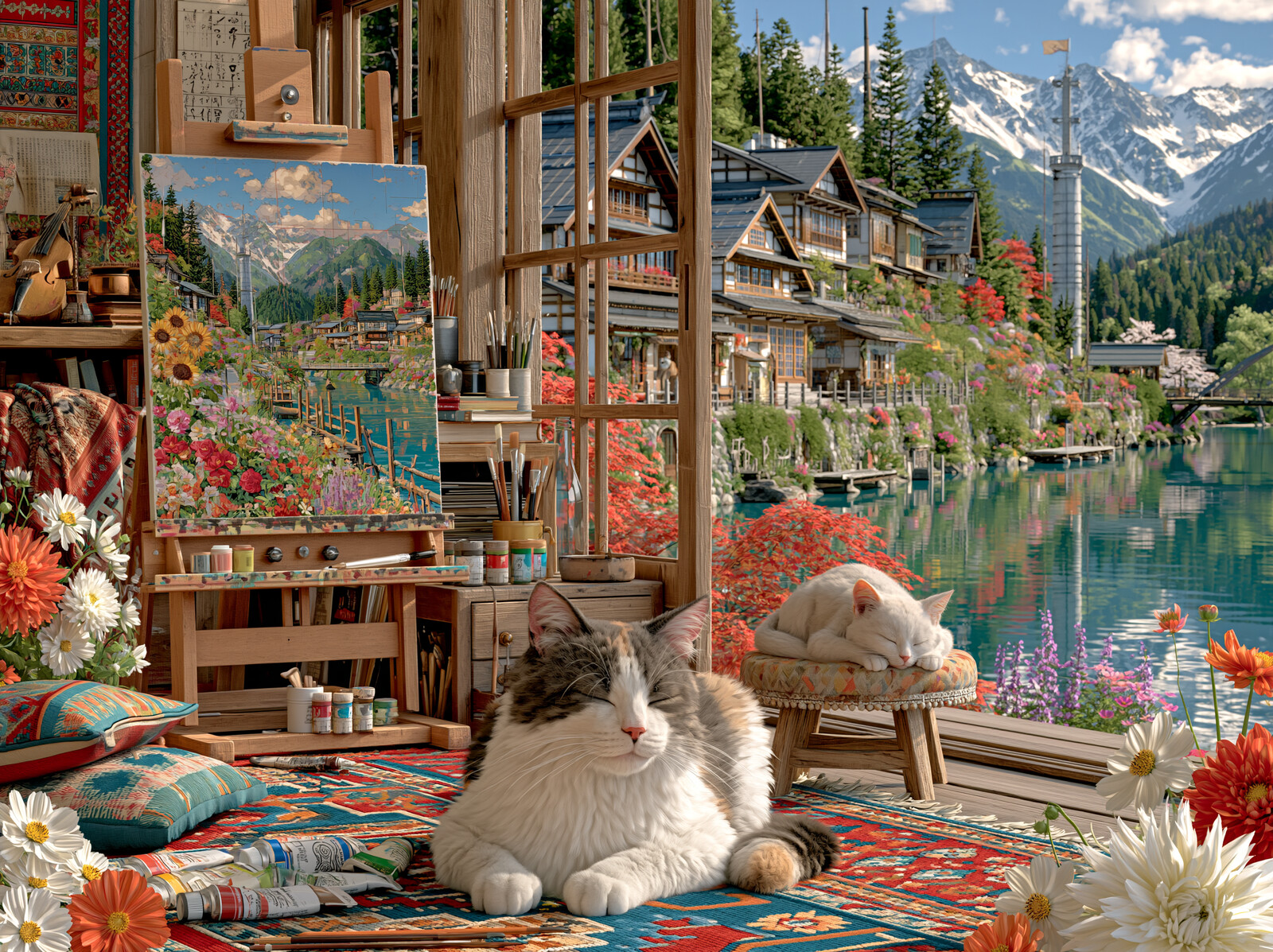 Two cats resting on a rug in a painting studio with an easel, open windows and a mountain lake beyond