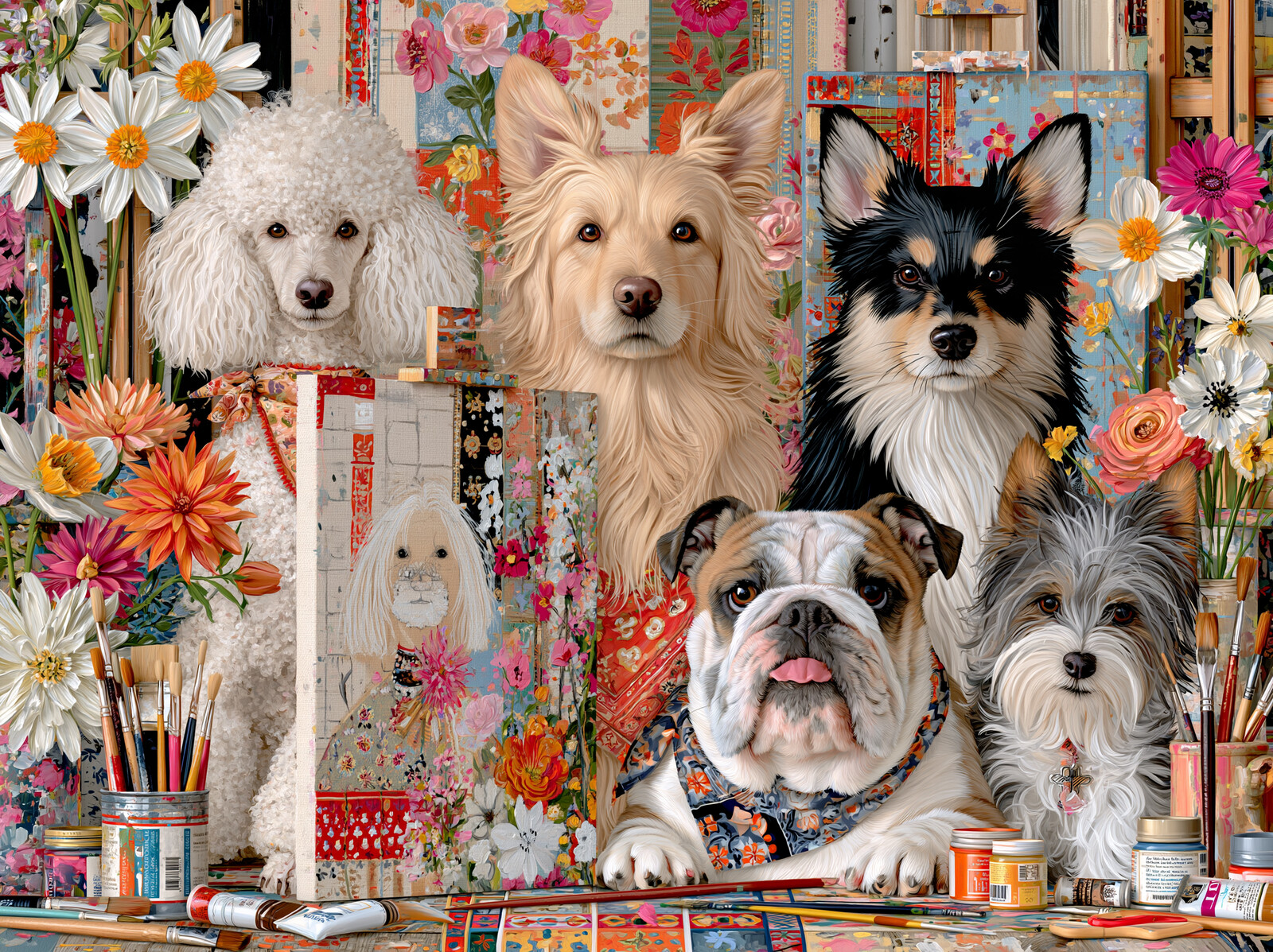 A poodle, golden retriever, chihuahua, bulldog and terrier gathered in a flower-filled artist's studio