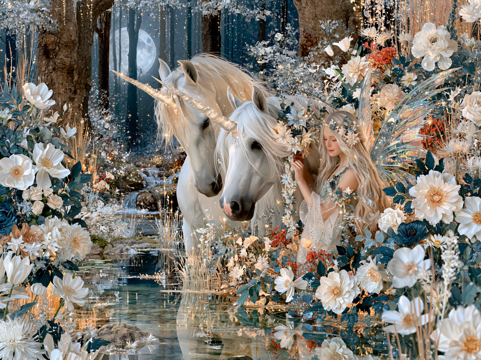 Two white unicorns and a fairy at a moonlit forest pool, surrounded by white flowers