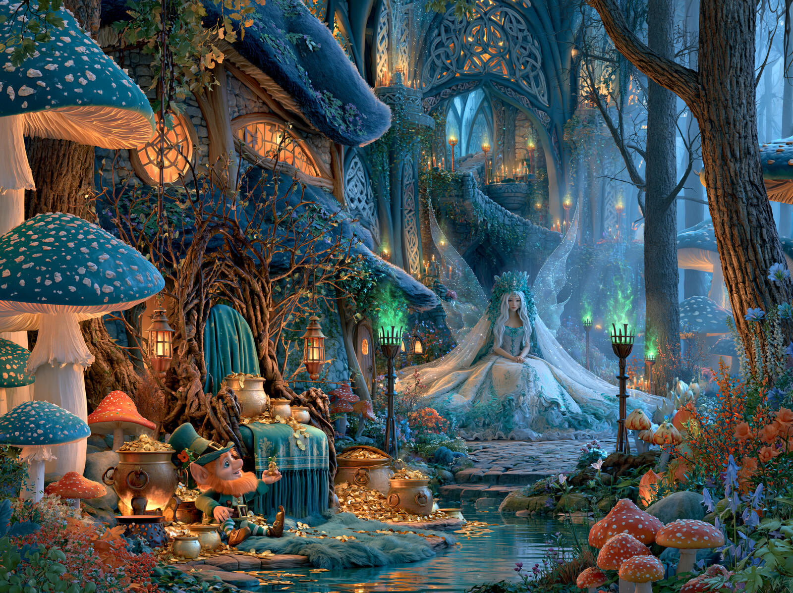 A fairy queen by a stream in a lantern-lit toadstool village, with pots of gold on the bank