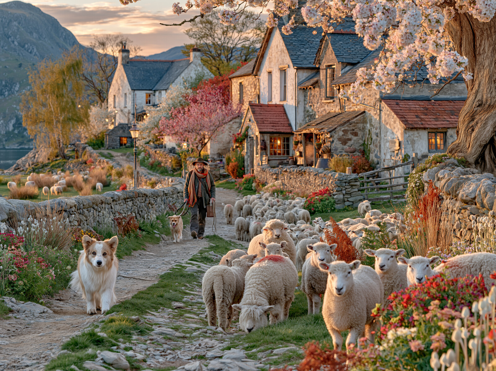 A shepherd and a collie leading a flock of sheep down a walled lane past stone cottages