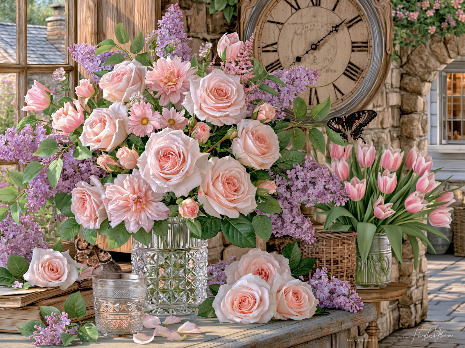 A crystal vase of pink roses, lilac and tulips on a stone sill beneath an old wall clock