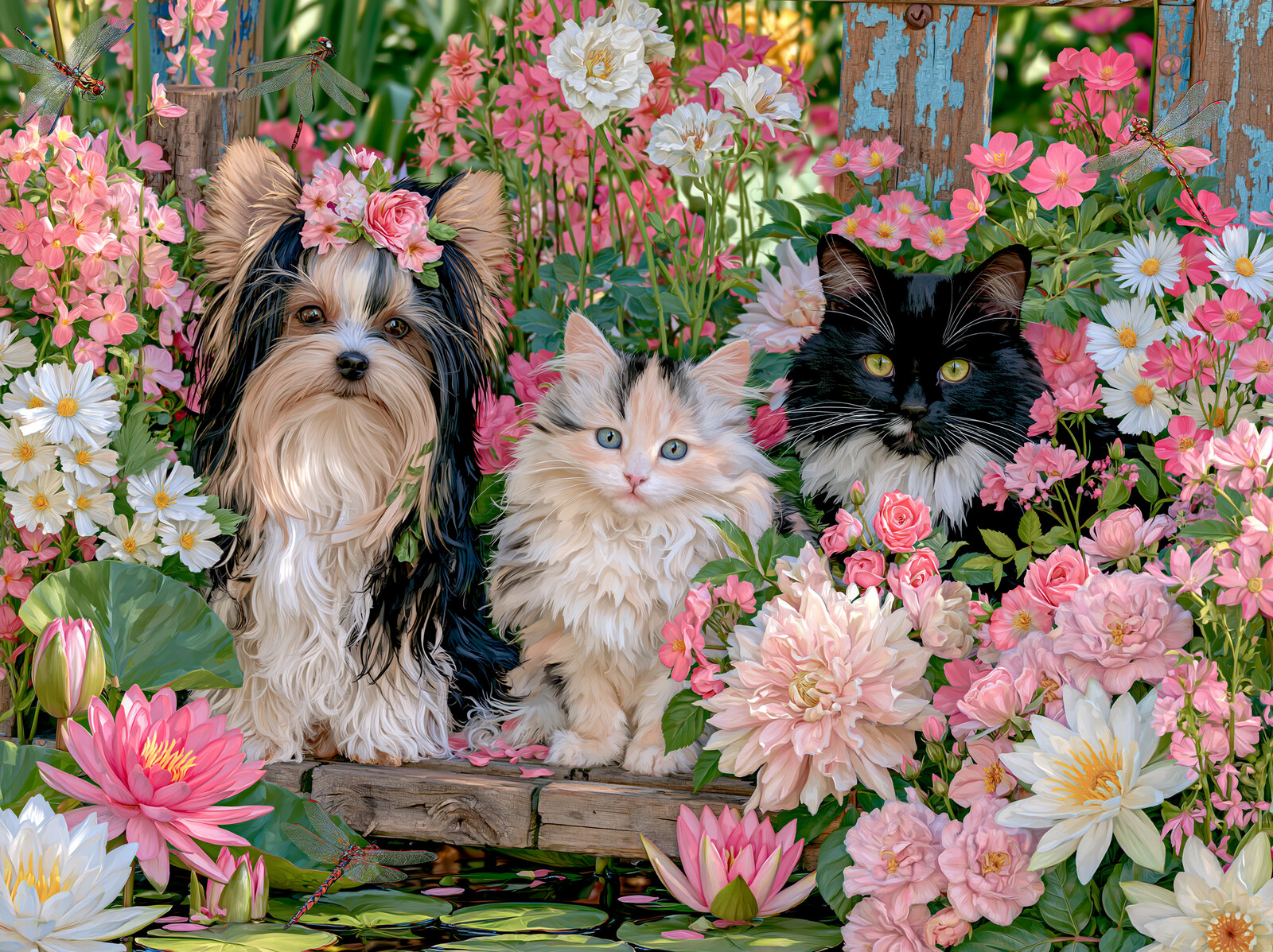 A long-haired puppy and two kittens sitting among pink water lilies and garden flowers