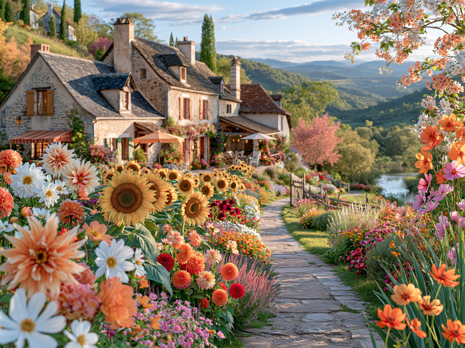 A stone path through sunflowers and dahlias to a hillside French village above a river valley