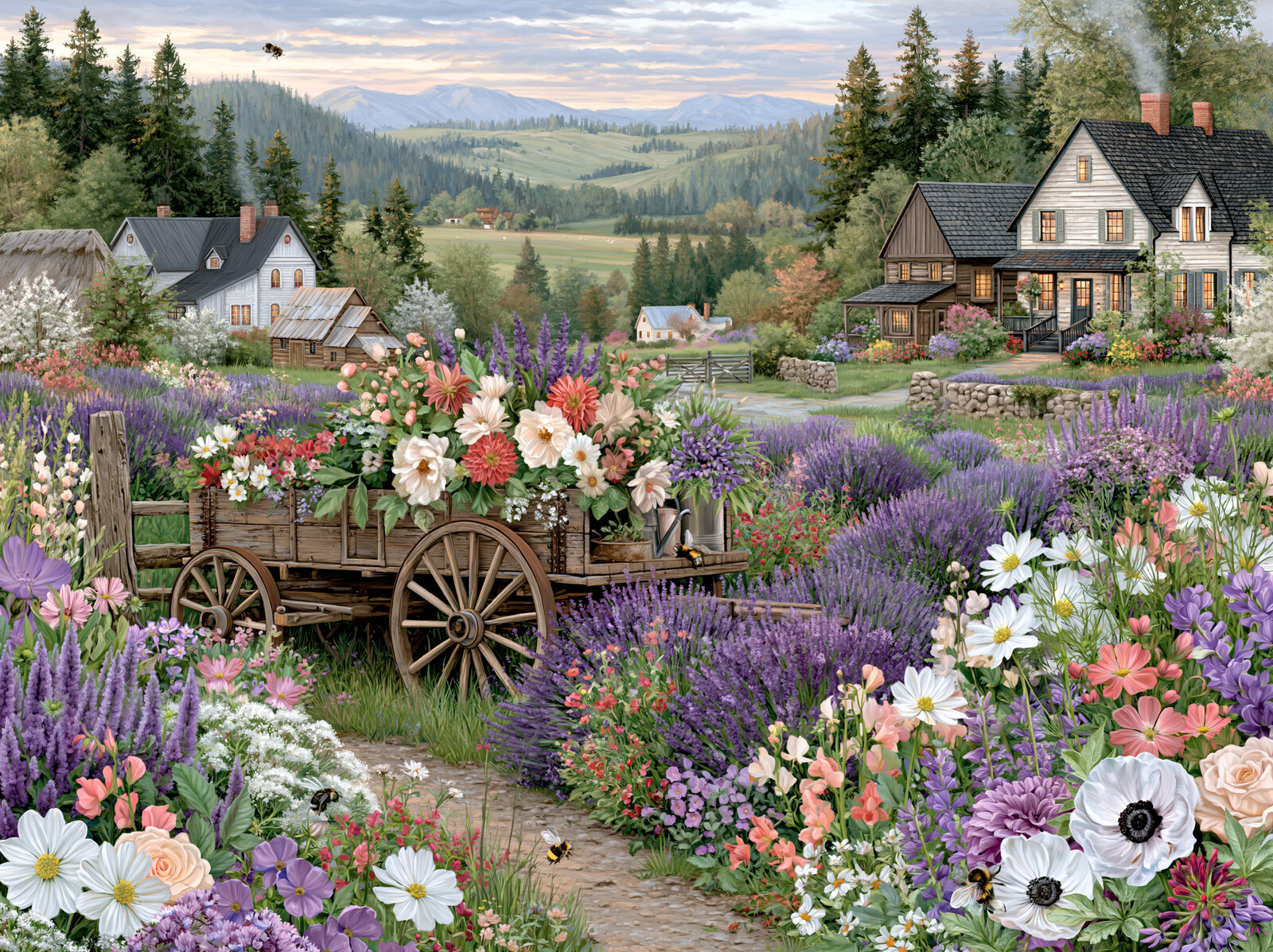A wooden cart of flowers beside rows of lavender and white farmhouses in the hills