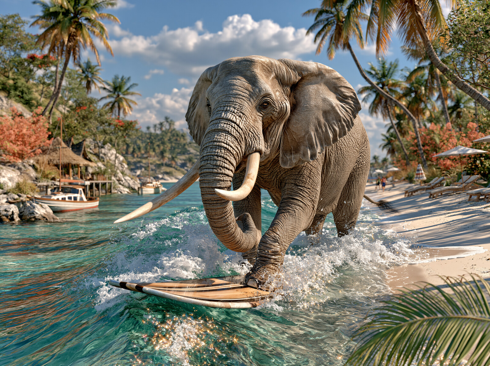 An elephant balancing on a wooden longboard, surfing through turquoise water past palm trees and beach huts