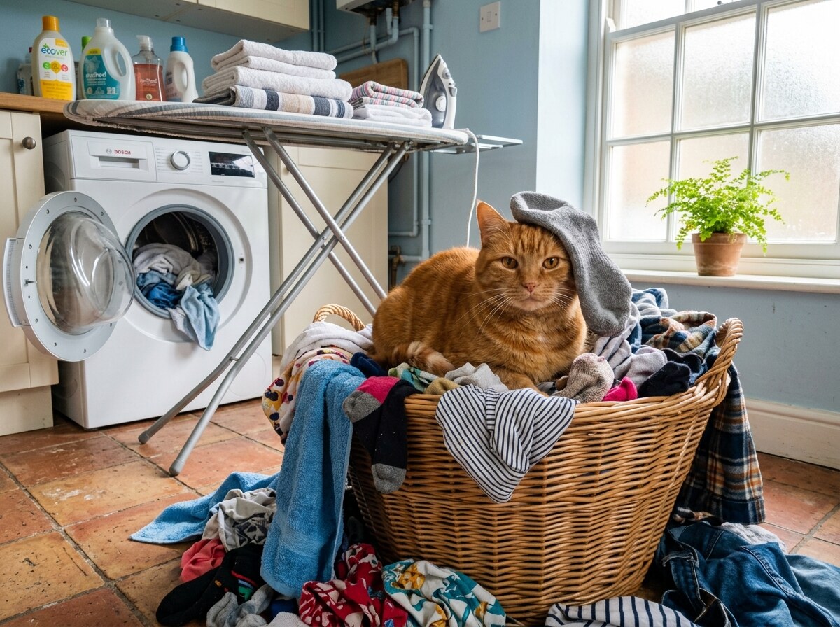 A ginger cat with a grey sock on its head sitting in an overflowing laundry basket beside the washing machine