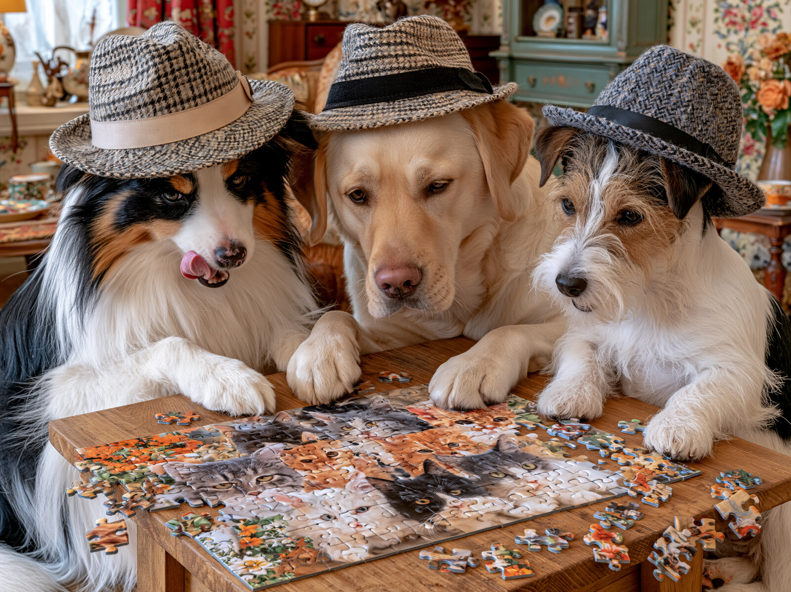 A border collie, a golden retriever and a terrier in trilby hats leaning over a half-finished jigsaw on a wooden table
