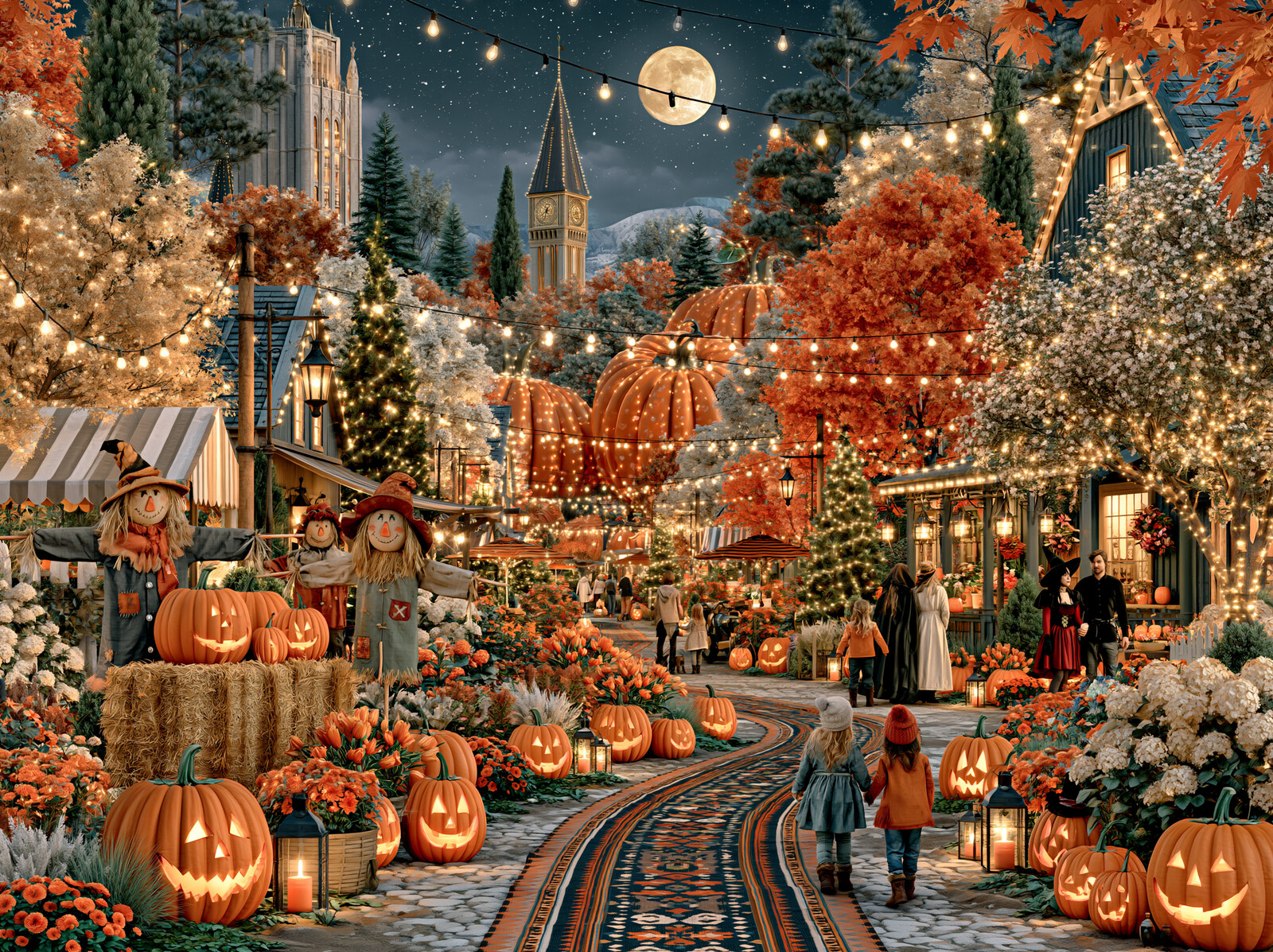A path of carved pumpkins, scarecrows and hay bales through a village festival under festoon lights and a full moon