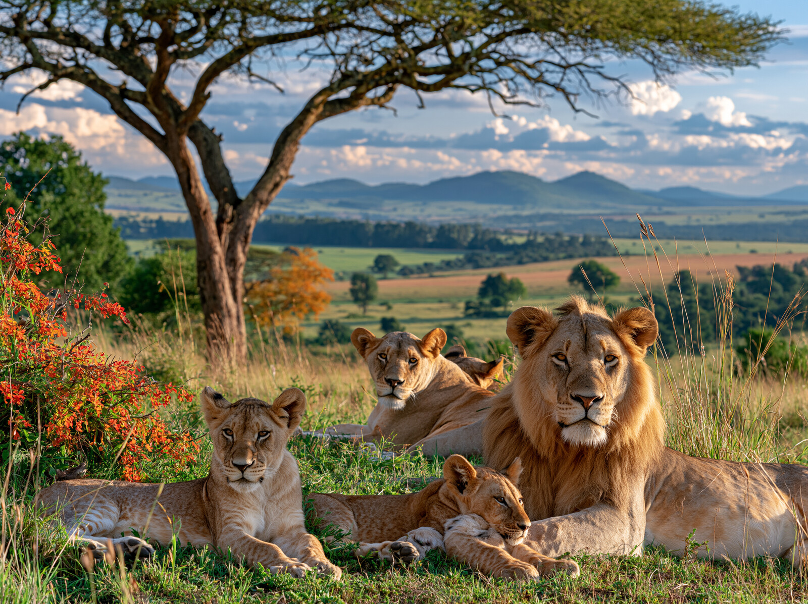 A lion, lionesses and cubs resting on the grass beneath an acacia tree, with open savannah and hills behind
