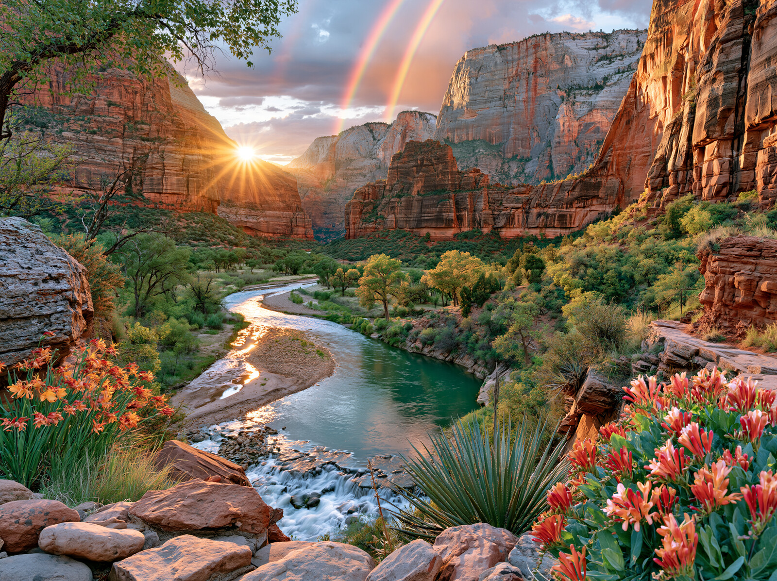 A rainbow and a low sunburst over the red cliffs of Angels Landing, with the river winding through the canyon below