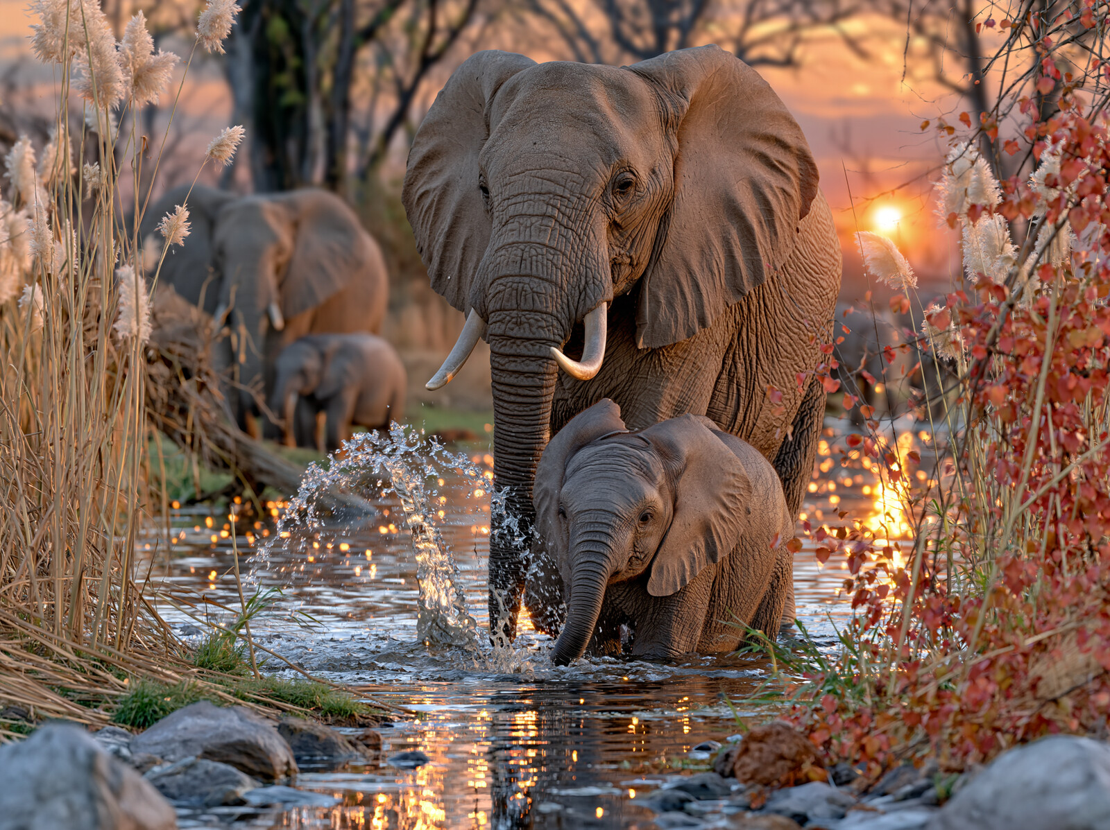 An elephant and her calf splashing across a river at sunset, with the rest of the herd behind