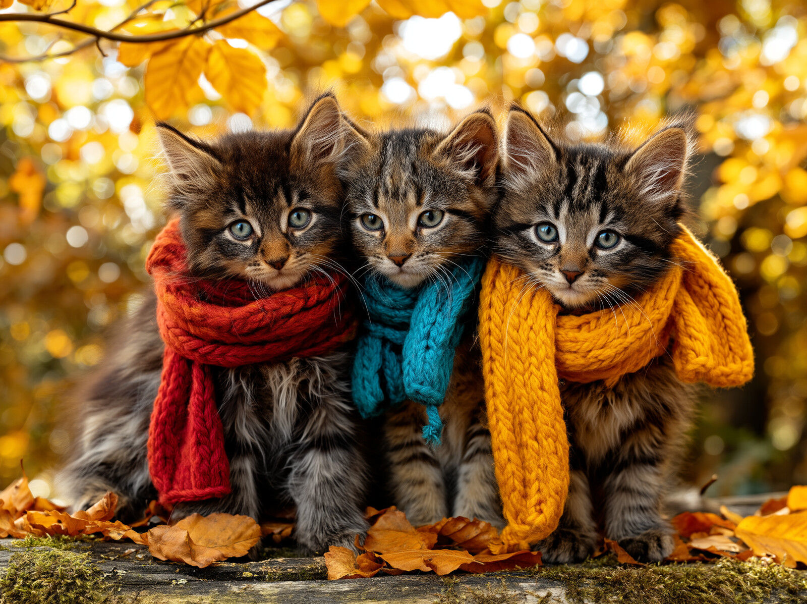 Three tabby kittens in red, blue and yellow knitted scarves sitting together on a mossy log among golden autumn leaves