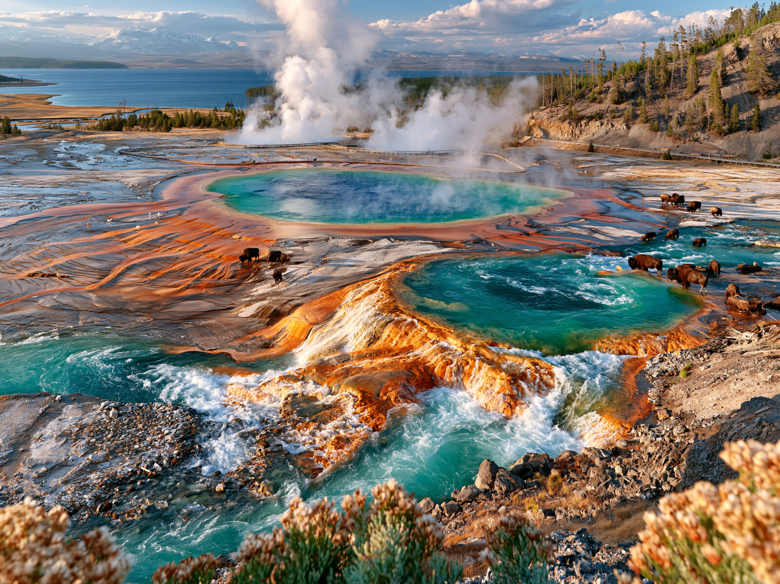 The turquoise and orange pools of the Grand Prismatic Spring steaming at golden hour in Yellowstone