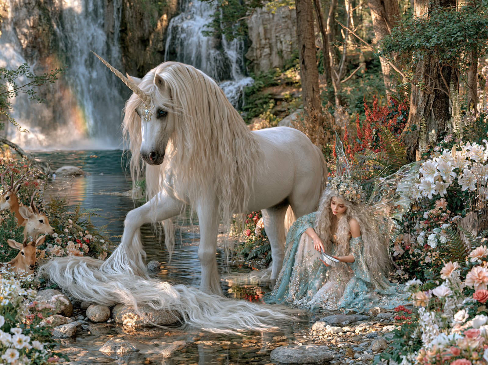 A white unicorn with a flowing mane standing beside a forest waterfall, a fairy in a pale dress sitting among white flowers at its feet