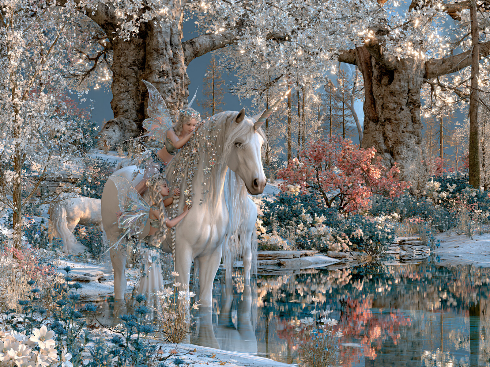 A fairy riding a white unicorn along a stream through a snowy forest of white and pink blossom