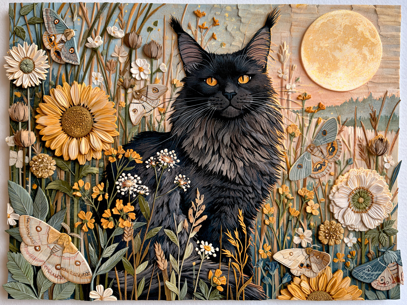 A black Maine Coon among sunflowers, seed heads and pale moths under a full harvest moon, in a folk art linocut style