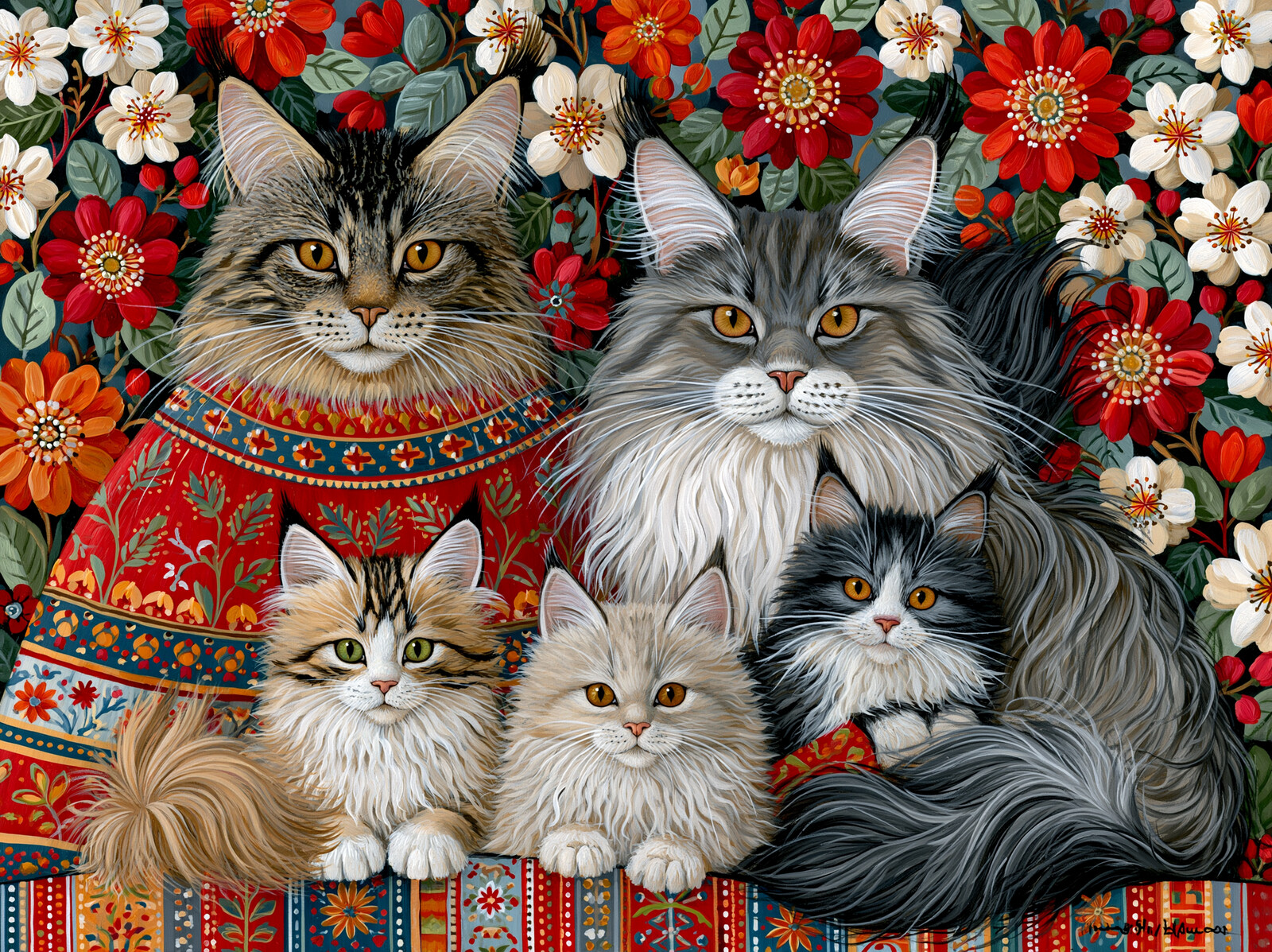 Two Maine Coons with three kittens, calico, cream and black-and-white, among red folk art flowers