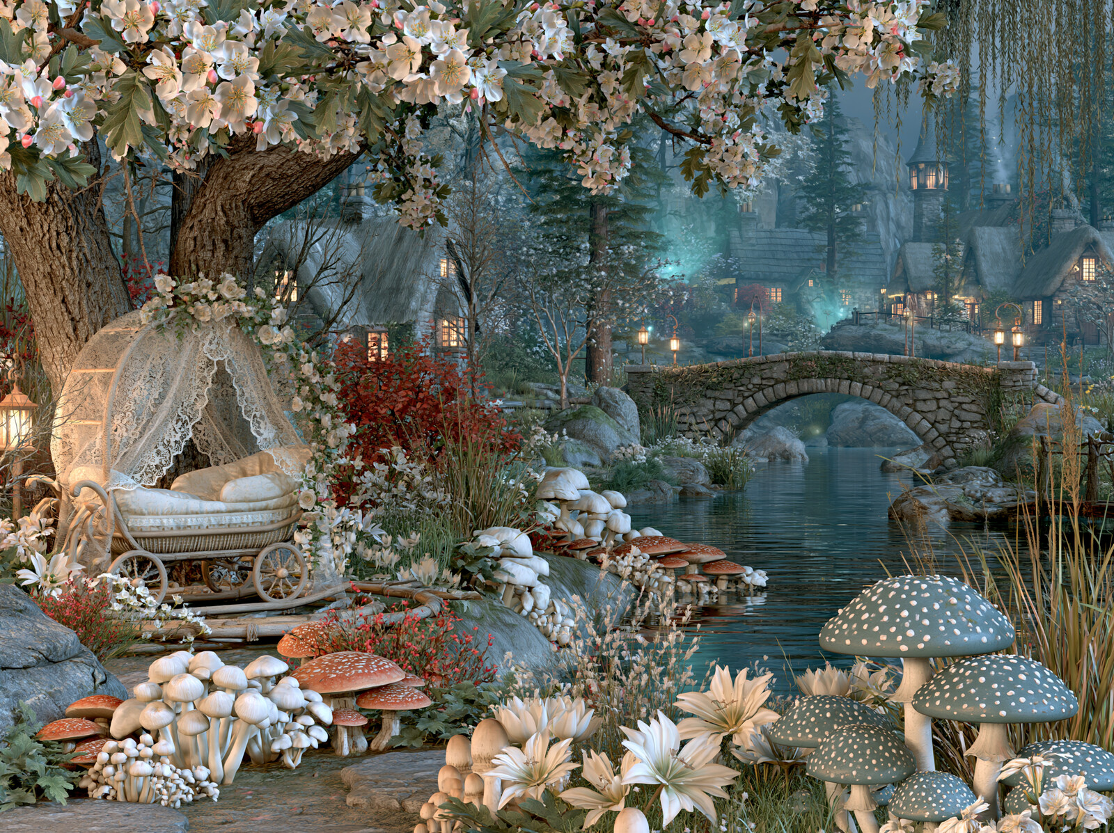 A fairy cradle under hawthorn blossom beside a river and a stone bridge, with village lights glowing at dusk