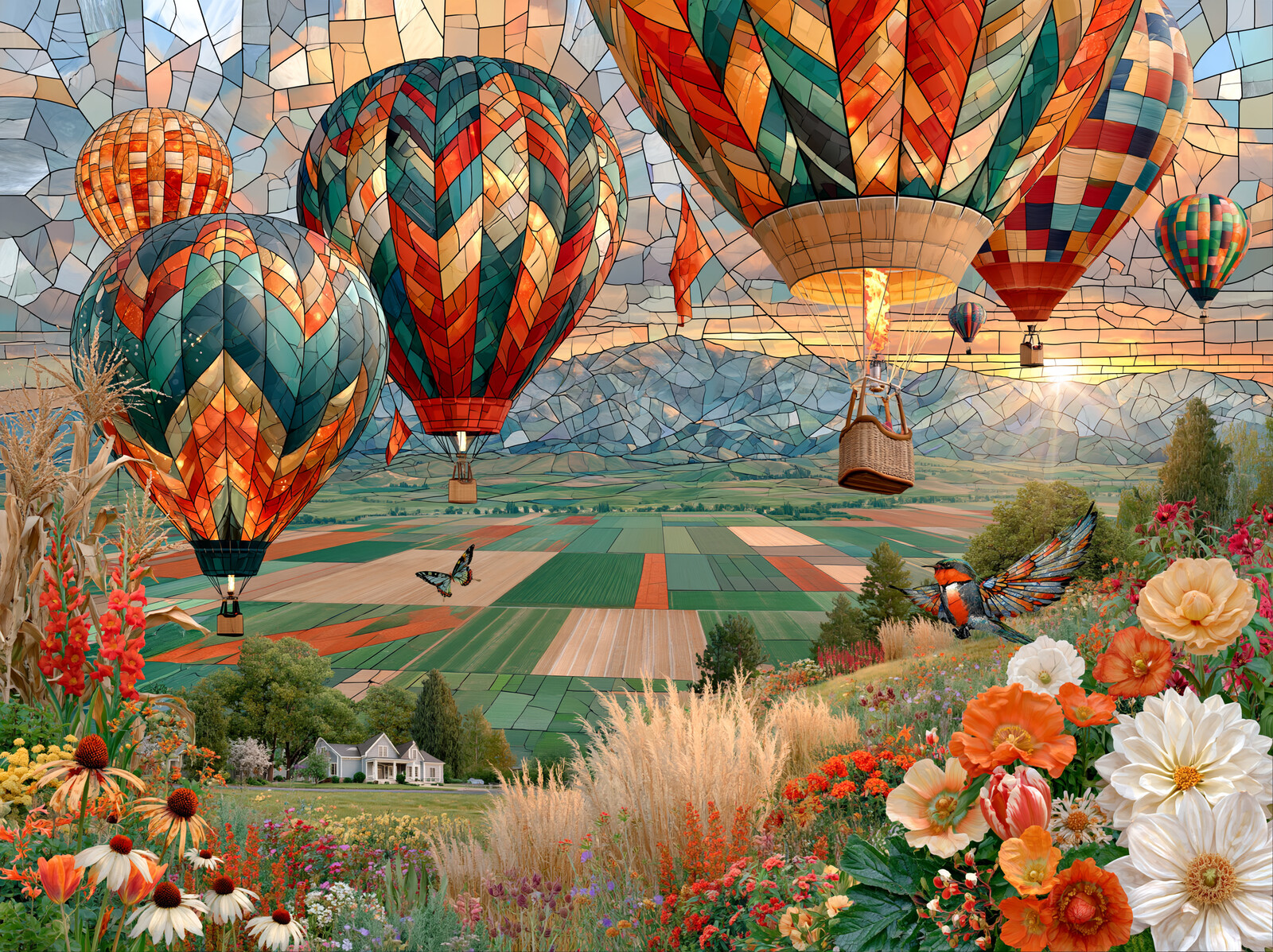 Hot air balloons in mosaic glass drifting over patchwork fields and mountains, with flowers in the foreground