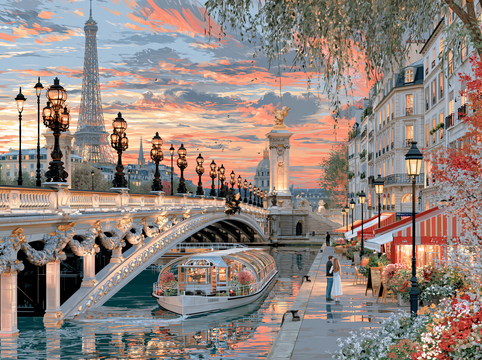 An ornate bridge with golden statues and lamps over the Seine at sunset, with the Eiffel Tower beyond